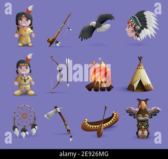 Native american cartoon  icons set with figurines in national dress and hunting equipment isolated  vector illustration Stock Vector