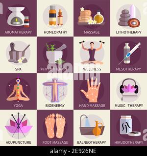 Alternative medicine icons set of yoga acupuncture wellness homeopathy  symbols   flat isolated vector illustration Stock Vector