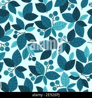 Blue trends leaves and berries. Hand-drawn vector seamless pattern for poster, card or background Stock Vector