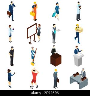 Professional people at work isometric icons set with teacher lawyer businessmen air hostess and waiter abstract isolated vector illustration Stock Vector