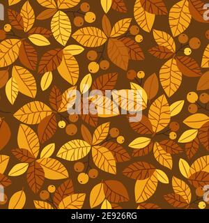 Autumn gold and brown leaves and berries. Hand-drawn vector seamless pattern for poster, card or background Stock Vector