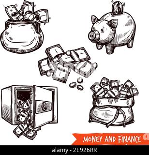 Hand drawn finance business safe money savings symbols pictograms set in doodle style abstract vector isolated illustration Stock Vector