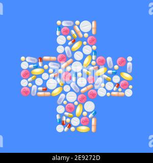 Medicine concept with pills  and capsules in cross shape vector illustration Stock Vector