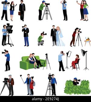 Photographer and videographer icons set with cameras light and selfie flat isolated vector illustration Stock Vector