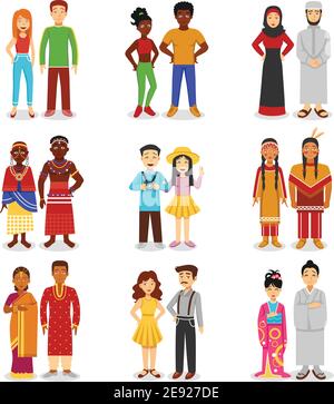 National couples icons set with European Asian and African people flat isolated vector illustration Stock Vector