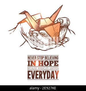 Healing hope light during difficult times symbolic origami paper folded crane in hand doodle abstract vector illustration Stock Vector