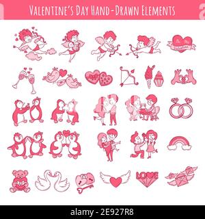 Valentine's Day Hand drawn elements. Cute and pink love elements isolated on white Stock Vector