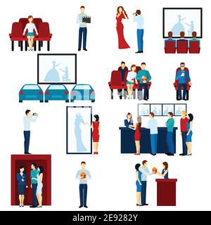 Cinema house film show flat icons set with drive-in and tickets line banner abstract isolated vector illustration Stock Vector