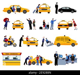 Taxi service icons set with people using taxi and taxi system elements flat isolated vector illustration Stock Vector
