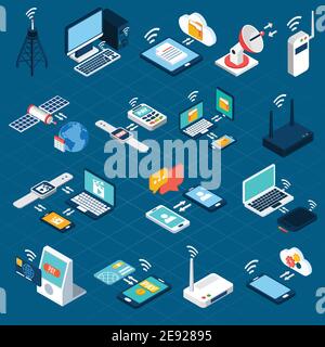 Wireless technologies isometric icons set with mobile communication ...