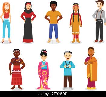 Different people icons set with Japanese Indian and Afro-American flat isolated vector illustration Stock Vector
