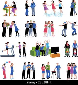 Colleagues friends classmates sharing  free time activities and important events flat icons set abstract isolated vector illustration Stock Vector