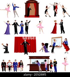 Flat images set of scenes with theater people from ballerina and actors to spectators isolated vector illustration Stock Vector