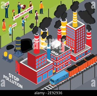 Isometric icons set  with  humans  protest action against Industrial pollution  vector illustration Stock Vector