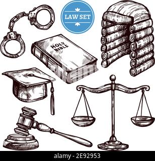 Hand drawn law symbols set with Holy Bible scales handcuffs and elements of judges clothing  isolated vector illustration Stock Vector