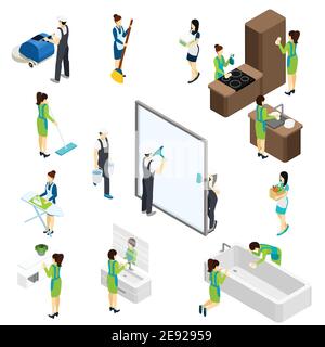 Professional cleaning team at work isometric icons composition banner with bathtub disinfection and furniture polishing abstract vector illustration Stock Vector