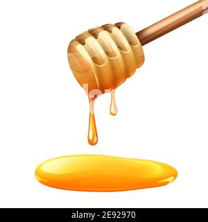 Realistic wooden honey stick with dense yellow drops vector illustration Stock Vector