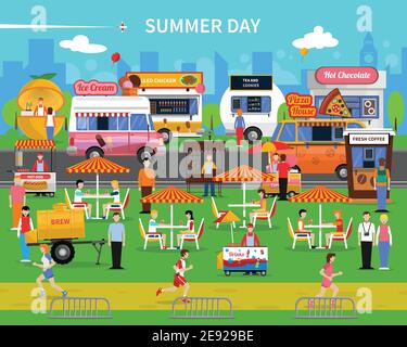 Summer day background with street food carts and park flat vector illustration Stock Vector