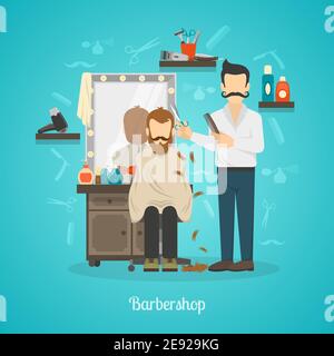 Color illustration depicting hairdresser in barber shop cutting client vector illustration Stock Vector