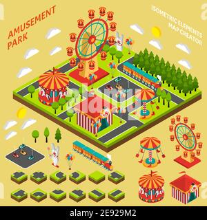 Amusement park attractions elements map creator isometric symbols for fairground composition banner abstract vector illustration Stock Vector