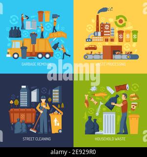 Color flat concept showing garbage collection and waste processing vector illustration Stock Vector