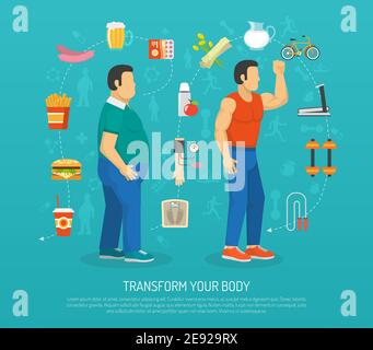 Color illustration transformation body man with obesity by workout and diet vector illustration Stock Vector