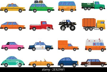 Different types of cars icons set with bus truck and police car flat isolated vector illustration Stock Vector
