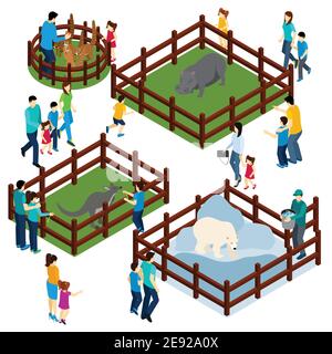 Outdoor zoo park with wild animals in open enclosures and visitors isometric composition banner abstract vector illustration Stock Vector