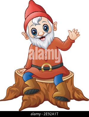 Vector illustration of Cartoon dwarf sitting on tree stump Stock Vector