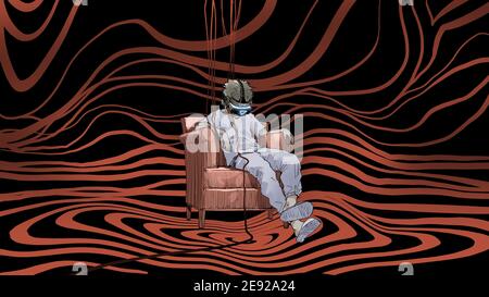 man sitting on armchair wearing virtual reality headset, digital art style, digital painting Stock Photo