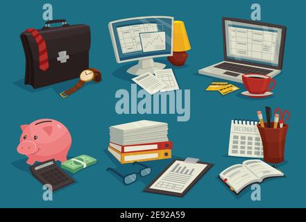 Business cartoon icons set with elements of workplace  isolated vector illustration Stock Vector