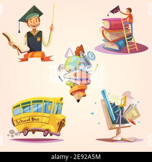 Education cartoon retro set with school supplies isolated vector illustration Stock Vector