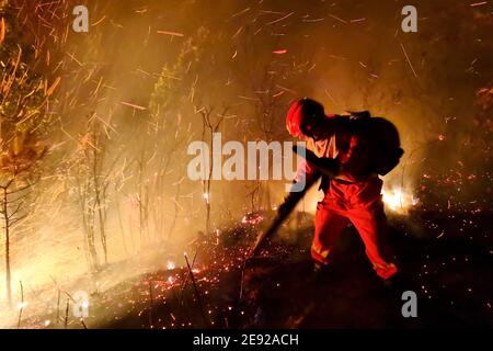 Longyan, China. 01st Feb, 2021. The firefighters are putting out the forest fire in Longyan, Fujian, China on 01th February, 2021.(Photo by TPG/cnsphotos) Credit: TopPhoto/Alamy Live News Stock Photo