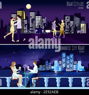 Late dating couple against modern city illuminated nightscape background 2 horizontal banners collection abstract isolated vector illustration Stock Vector
