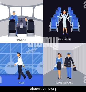 Pilot and stewardess in the cockpit and walking to the plane 4 flat icons square abstract vector illustration Stock Vector