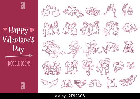 Valentine's Day doodle icons set. Collection of Valentine's Day elements in hand drawn style. Stock Vector