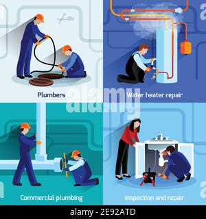 Plumber design concept set with pipes repair flat icons set isolated vector illustration Stock Vector