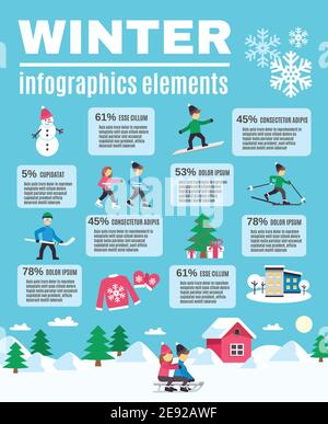 Winter outdoor activities warm clothing and season celebration flat icons infographic elements with text banner vector illustration Stock Vector