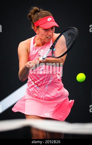 Belgian Elise Mertens (WTA 20) plays a backhand during a tennis match against Japanese Mayo Hibi (WTA184), in the second round of the women's singles Stock Photo