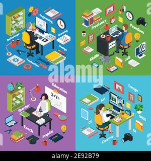 Professional workplaces of freelance art designer teacher and engineer 4 isometric icons square composition abstract vector isolated illustration Stock Vector