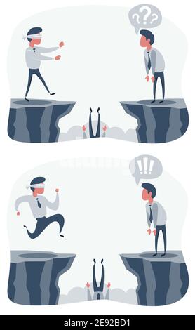 Man walk to the cliff. Blindfolded businessman run to the cliff. Business concept. Stock Vector