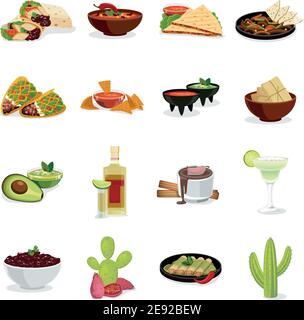 Mexican cuisine dishes snacks and drinks flat icons set with cactus national symbol abstract isolated vector illustration Stock Vector