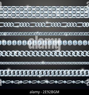 Silver realistic chains set on black background isolated vector illustration Stock Vector