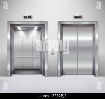 Open and closed chrome metal office building elevator doors realistic vector illustration Stock Vector