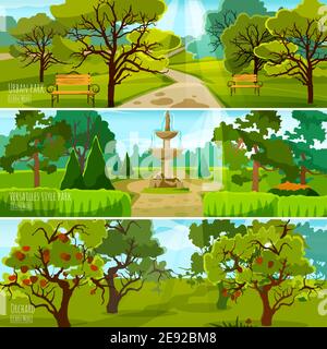 City park summer compositions set with fountains and topiary cartoon ...