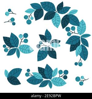 Blue trends leaves and berries isolated elements for template. Hand-drawn vector illustrations for poster, card or background Stock Vector
