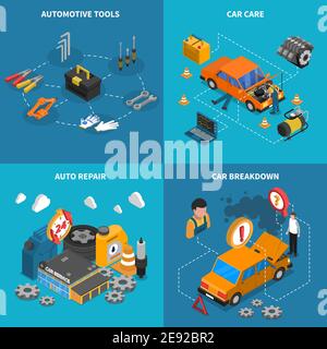 Isometric isolated icon set with different stages of service like car care breakdown vector illustration Stock Vector