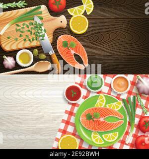 Flat laymcooking 2 realistic banners set with fish dish ingredients on wood texture background vector illustration Stock Vector