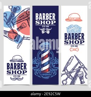 Barber shop 3 vertical flat banners set with beard mustache emblem and tools red blue abstract vector illustration Stock Vector