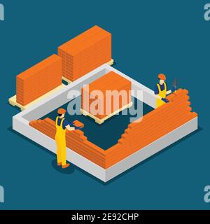 Building red brick wall construction process isometric banner with two masons at work abstract vector illustration Stock Vector
